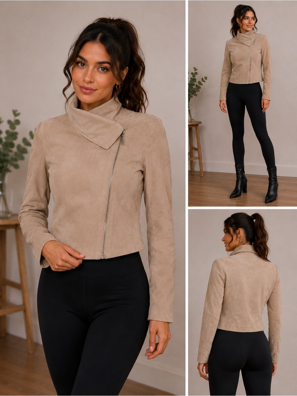 H by Halston Taupe Faux Suede Asymmetrical Zip Jacket
